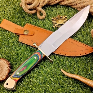 Camping Hunting Bowie <b>Knife</b> Carbon Steel Partially Serrated Edge Durable Lightweight with Multicolor Wood Handle 3 Year Warranty - Product Image 3