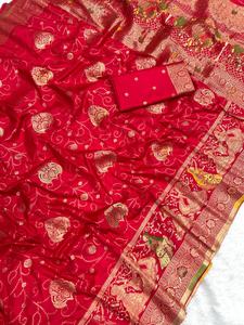 Sari en soie pure Dola, tissage jacquard, avec pallu et bordure riches en zari, motif Meenakari Bandhani - Product Image 3