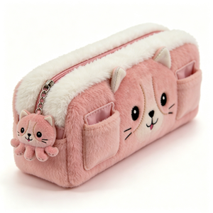 Unique plush fluffy cat pencil pouch with keychain, cute animal plush pencil <b>bag</b> soft plush cat stationery pouch - Product Image 6