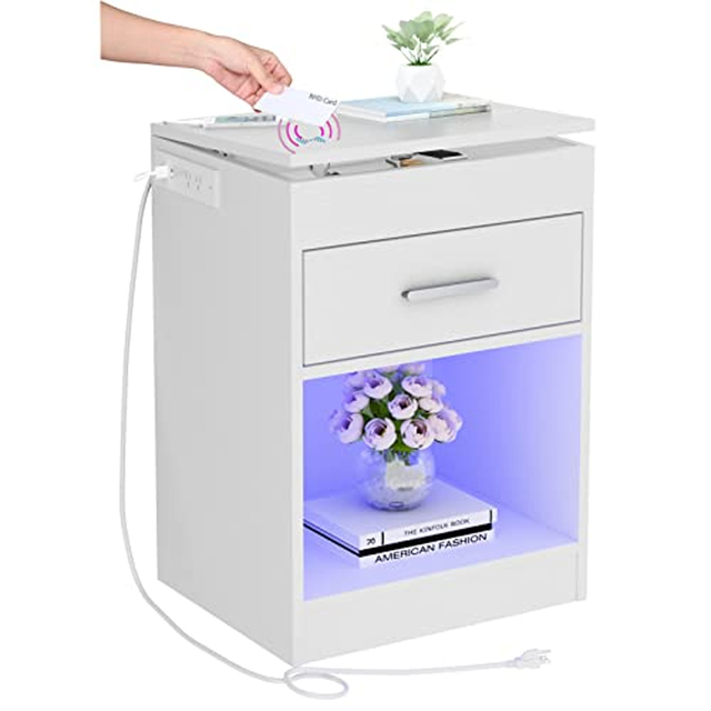 Smart Nightstand NFC Wireless Charging LED Light Power Outlet USB Modern Bedside Table with Drawer Storage Furniture OEM