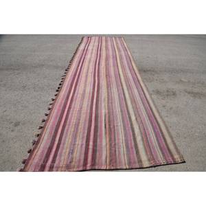 Tapis Kilim Vintage de 5,2x17,8 pieds, matériau en laine patchwork rose et marron avec support en latex pour une décoration intérieure chaleureuse et accueillante - Product Image 1