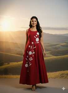 Vestido Maxi Popular sin Mangas con Cuello Redondo para Mujer con Diseño de Bordado Étnico en Colores Rojos para Vacaciones 2025, Marca de la Mejor Calidad - Product Image 4