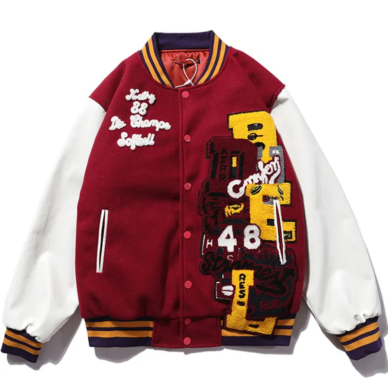 Cheap Price Custom Embroider Patched Logo Letterman Varsity Men Baseball Jackets With Leather Sleeves