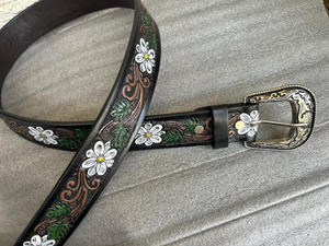 Newest Woman's <b>Tooled</b> Western Style Steer White Flower Leaf <b>Tooling</b> Cowgirl Custom Rodeo Hand <b>Tooled</b> <b>Leather</b> Western <b>Belt</b> - Product Image 3