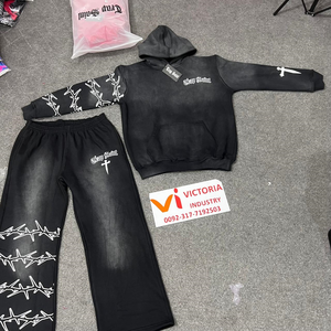 Conjunto de Sudadera con Capucha Térmica Estampada DTG, Sudadera con Capucha y Cremallera con Pedrería, Pantalones, Ropa Deportiva de Invierno para Hombre, Chándal de Dos Piezas - Product Image 5