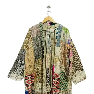 Kimono wanita perca sutra buatan tangan jubah Kimono sutra wanita gaun Lounge Boho jubah Kimono perca sutra daur ulang India