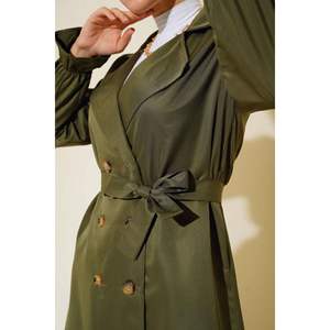 Manteau trench kaki à ceinture, poignets élastiques, double boutonnage, style vintage, imperméable, doublure en cachemire, coton et laine pour le printemps et l'hiver - Product Image 3