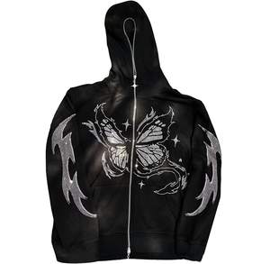 Sweat à capuche unisexe à fermeture éclair complète personnalisé de haute qualité OEM sur le visage strass beurre mouche motif imprimé Vintage sweats à capuche surdimensionnés - Product Image 1