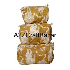 Indian Flower Hand Block Printed Eco-Friendly Cotton <b>Quilted</b> Zipper Pouch for Women Traveling Makeup Pouches Small Medium Large - Product Image 1