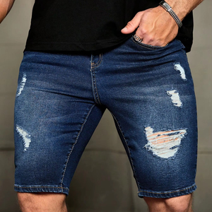 กางเกงขาสั้นผู้ชายสีน้ำเงินเข้มเข้ารูปคุณภาพสูงผ้าเดนิมผ้าฝ้าย100% สไตล์ฮิปฮอปเอวยางยืดรัดรูปมีรูขาดรายละเอียดพู่ - Product Image 3