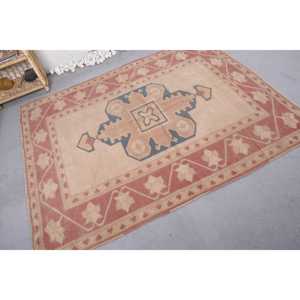 Alfombra de lana Vintage, diseño de retales Beige azul, hecha a mano, rectángulo de 5x6,3 pies para sala de estar, dormitorio, pasillo, felpa con respaldo de látex - Product Image 2