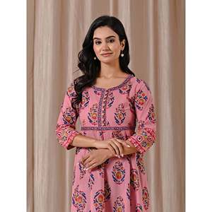 Pink <b>Boho</b>-Elegant Butta Block Printed Cotton <b>Dress</b> Casual Office Lady <b>Summer</b> Sexy with Breathable Buttons Natural Waistline - Product Image 1