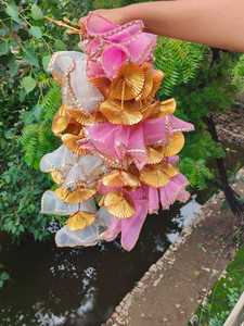 ผ้าลูกไม้ตาข่ายหลากสีมีพู่ประดับดอกไม้สไตล์อินเดียฉากหลังของตกแต่งงานปาร์ตี้ขึ้นบ้านใหม่ - Product Image 4