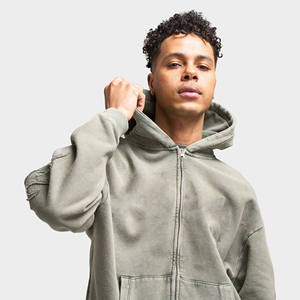 Men 450 GSM French <b>Terry</b> Zip Up Hoodie Vintage Acid Wash Distressed Black Washed Streetwear Custom Casual Blank Hoodie <b>Bulk</b> - Product Image 5