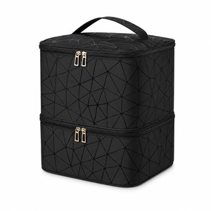 Quilted Double Layer Cosmetic Case Black <b>Makeup</b> <b>Bag</b> <b>With</b> <b>Mirror</b> Portable Toiletry Organizer - Product Image 1