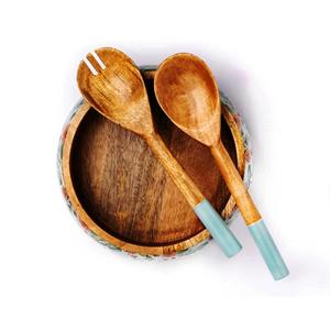 Servidores de ensalada de madera indios hechos a mano con asas talladas Producto de cocina casera económica - Product Image 6