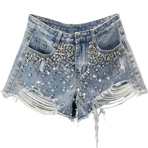 2023 mùa hè mới cao eo denim quần short của phụ nữ thời trang thoáng khí jean siêu đau khổ Jean Quần Short tùy chỉnh Đá rửa