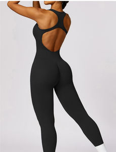 Mono de Yoga para Mujer, Manga Corta Abullonada con Diseño de Parches, Espalda Descubierta, Ajustado a la Cadera, 100% Poliéster, Ropa Deportiva Midi - Product Image 5