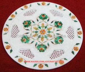 Plaque ronde d'incrustation de marbre blanc la plus belle avec une incrustation de conception de fleur de couleur verte pour un usage domestique et à des fins de cadeau - Product Image 1