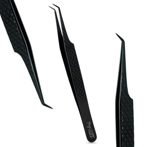 Pinzas de agarre de fibra de extensión de pestañas de Venta caliente, pinzas de volumen de punta delgada de 45 grados, juego clásico a prueba de herrumbre hecho a mano de acero inoxidable - Product Image 1