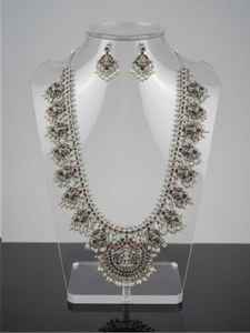 Dieu Laxmi pendentif Guttapasalu oxydé argent Long collier fantaisie fête porter Temple bijoux ethnique indien femmes collier ensemble - Product Image 5