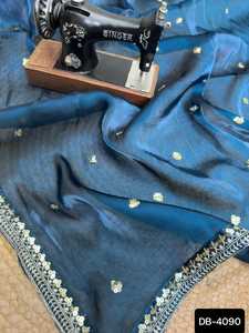 Ropa de Festival india y ropa informal Jimmi Cho Sari de seda con hilo de bordado de secuencia Sari de trabajo con blusa Mono Banglory - Product Image 3