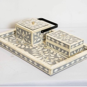 Mother of Pearl Inlay Wood and MDF Serving <b>Tray</b> with Handles Handmade Indian Decorative Coasters for Food by Manufacturers - Product Image 2