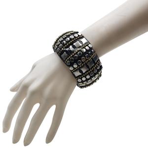 Chunky Geometric <b>Elastic</b> Wood <b>Bracelet</b> Hand-Carved Wooden Bangle with Brass and Steel Studs, Boho Tribal Style Fashion Jewelry - Product Image 4