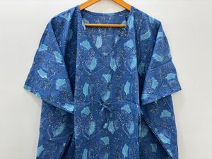 Jaipur azul mano bloque estampado caftán indio hecho a mano Boho Hippie ropa de dormir verano Maxi túnica vestido para mujer piso vestido Casual - Product Image 2
