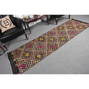 2.7x9 ft Kilim Turkish Rug, <b>Brown</b> Patchwork Vintage Rug <b>Wool</b> - Product Image 5