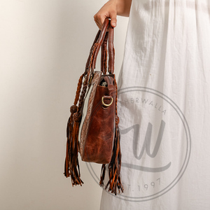 Handmade Large Cowhide Tote <b>Shoulder</b> Bag Genuine Leather with Tooling Patch Mid Hairon <b>Straps</b> Portable Feature Matching Design - Product Image 6