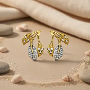 Boucles d'oreilles clous tendance pour femme en alliage plaqué or et argent, avec feuille et boule géométrique, ornées de zircons cubiques, style Art Palace, pour fêtes et occasions religieuses - Product Image 1