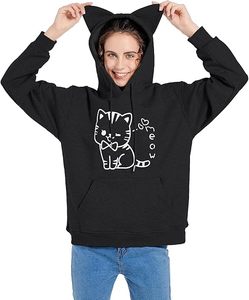 Sudaderas con capucha negras con gráfico de gato de gran tamaño para mujer, suéter con bolsillos de remolque, sudaderas, ropa Y2k, trajes de moda de otoño - Product Image 2