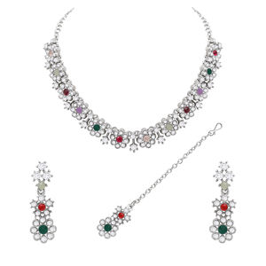 Austrian Stone Colorstone Necklace Set Floral <b>Wedding</b> and Party Wear Silver Plated Alloy Jewelry for Anniversary <b>Gift</b> Her - Product Image 3