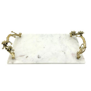 ถาดเสิร์ฟลายหินอ่อนสีขาวสุดหรูพร้อมที่จับโลหะรูปดอกไม้สีเงินหรูหราของตกแต่งบ้านทรงสี่เหลี่ยมสำหรับงานแต่งงาน - Product Image 4