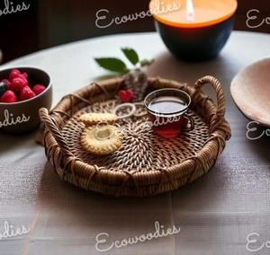 Bandeja de almacenamiento de ratán tejida a mano con diseño Art Deco de lujo, cesta de mimbre con mango de madera para pan, comida, pastel de frutas, cena, bandeja para servir - Product Image 2