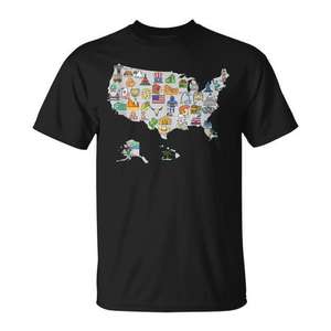 Camiseta sin Mangas Gris con Símbolos Icónicos y Mapa de Lugares Culturales Emblemáticos de EE. UU. para Uso Promocional - Product Image 1