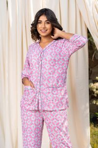 Collection rose magnifique pour femmes grande taille costume de nuit d'été manches trois-quarts imprimé robe 2 pièces tissu tissé - Product Image 4