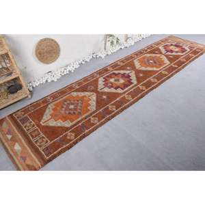 Tapis turc vintage de grande surface, classique, brun orange, patchwork, écologique, poil moyen, 2,8 x 11,6 pieds, en laine, avec support en latex - Product Image 2