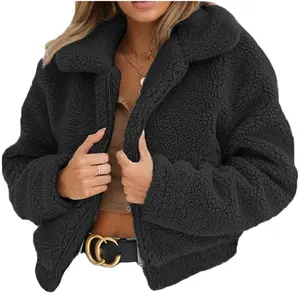 2024 Mulheres Grosso Urso Quente Bolso Sherpa Fleece Jacket Coat Zip Up Outwear Casaco De Pelúcia Feminino Casaco De Inverno Macio