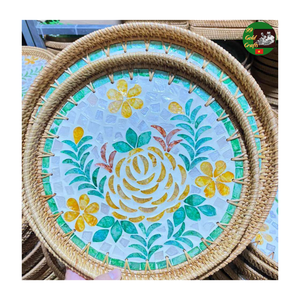 Plateau en rotin naturel de luxe, mosaïque de nacre mélangée, plateau de service pour l'intérieur, artisanat en rotin incrusté de nacre - Product Image 2