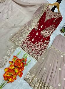 Ensemble haut et pantalon palazzo en faux georgette brodé pour femme avec dupatta fantaisie, tenue ethnique de soirée de créateur - Product Image 6