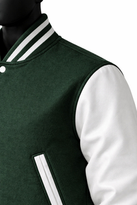Chaqueta Varsity Personalizada Verde y Blanca, Chaqueta de Béisbol Letterman, Cuerpo de Lana, Mangas de Cuero PU, Fabricante de Marca Privada OEM - Product Image 5