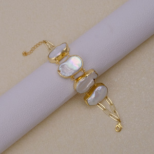 Natural White <b>Pearl</b> Gemstone Rectangular Shape <b>Bracelet</b> <b>Gold</b> Plated Bezel Set Birthstone Bangle <b>Bracelet</b> Handmade Design Jewelry - Product Image 6