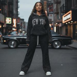 Conjunto de Sudadera con Capucha y Pantalones Deportivos Anchos con Estampado de Estrellas y Pedrería 2026, Sudadera de Algodón Grueso Premium, Estilo Holgado Unisex - Product Image 3