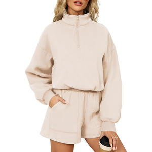 <b>Women's</b> Beige 100% Cotton Blank <b>Half</b> <b>Zip</b> Hoodie & Short Set Latest OEM Design Solid Pattern <b>Fleece</b> Jogging Tracksuit - Product Image 1