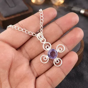 Magnifiques pendentifs en pierre précieuse Lolite Aura Angélique Violette naturelle tendance, taille ronde 10 mm, en argent sterling 925, bijoux élégants pour femmes - Product Image 3