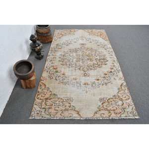 Tapis turc Vintage Beige Orange 4.1x7.6ft laine grande surface motif abstrait Rectangle couloir modèles Latex pour décor de chambre - Product Image 1