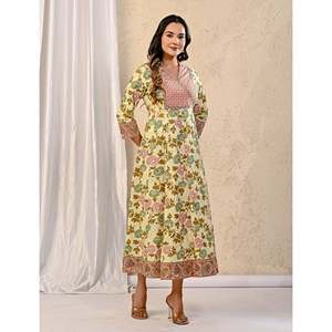 Vestido largo de algodón estampado Peach for Cream, talla única, estilo hippie informal, para fiestas de cumpleaños, oficina, uso diario, con mangas abullonadas. - Product Image 6