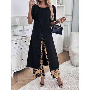 Women's Short-Sleeved <b>Viscose</b> Long Blouse with Front Cross Detail and Patterned Two-Thread <b>Trousers</b> Two-Piece Set, 35782 - Black - Product Image 4